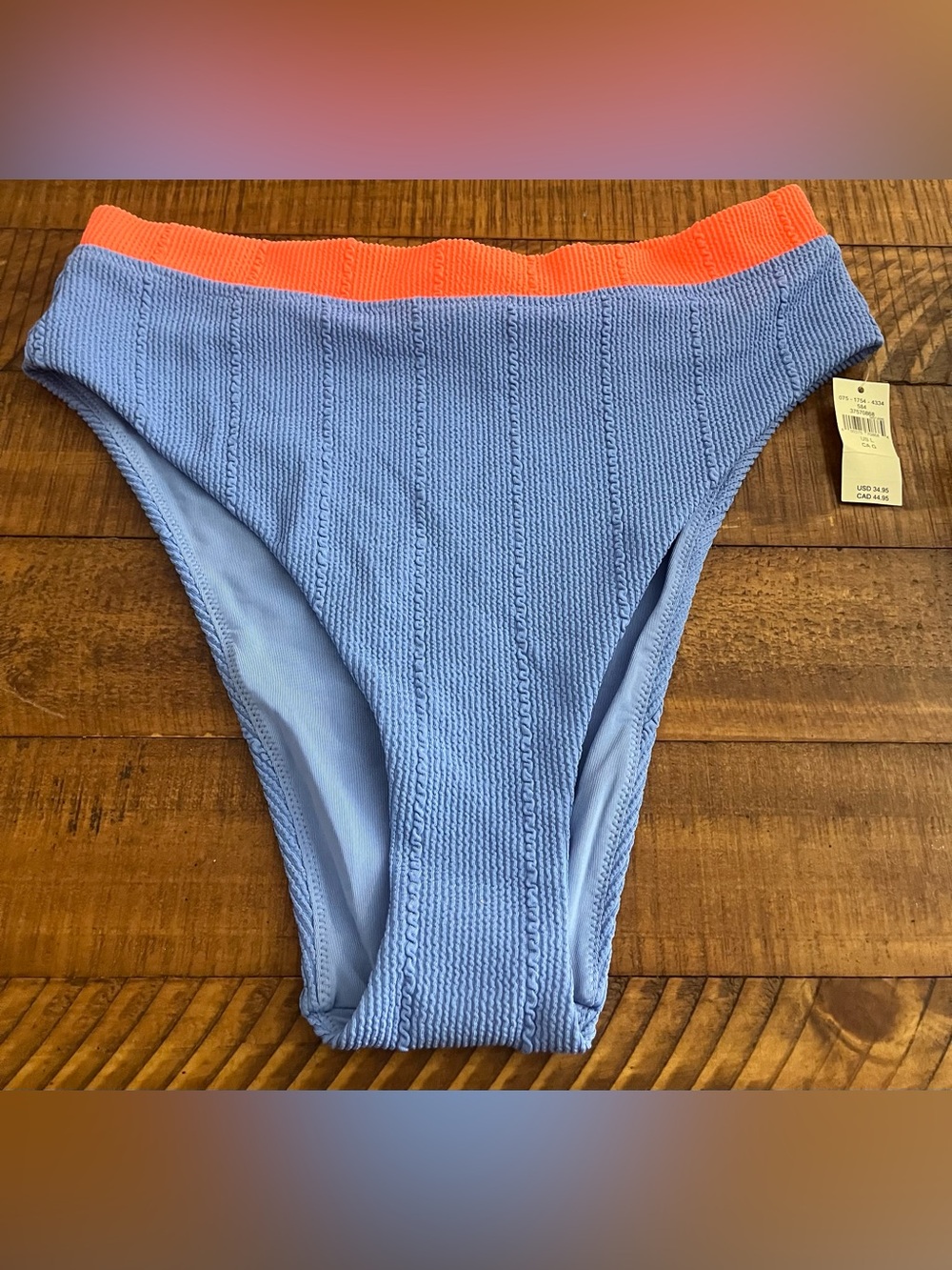 NWT Aerie Crinkle High Waist High Cut Cheeky Bikini Bottom Blue / Coral - Sz L